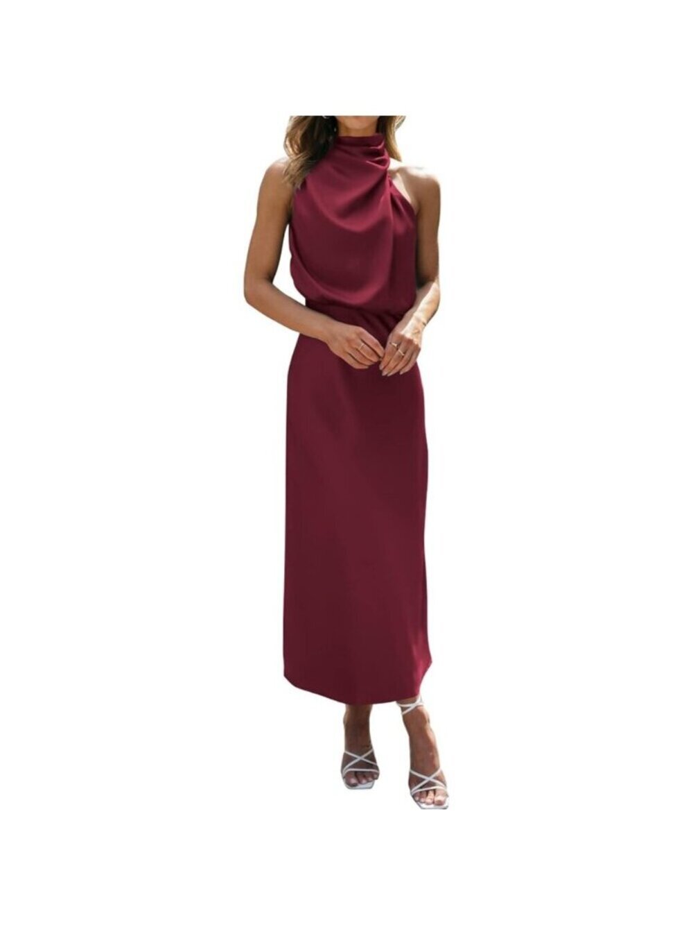 Women's Burgundy Cocktail Dress for Satin Silk Sleeveless High Waist Maxi